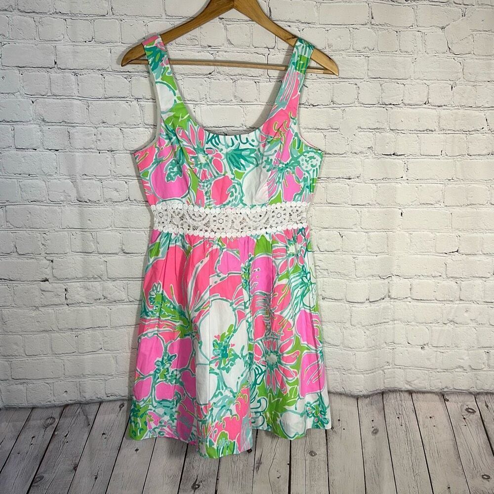 Lilly Pulitzer‎ Dress 2 Rosemarie Flamingo Pink Lace Waistband Flare Skirt